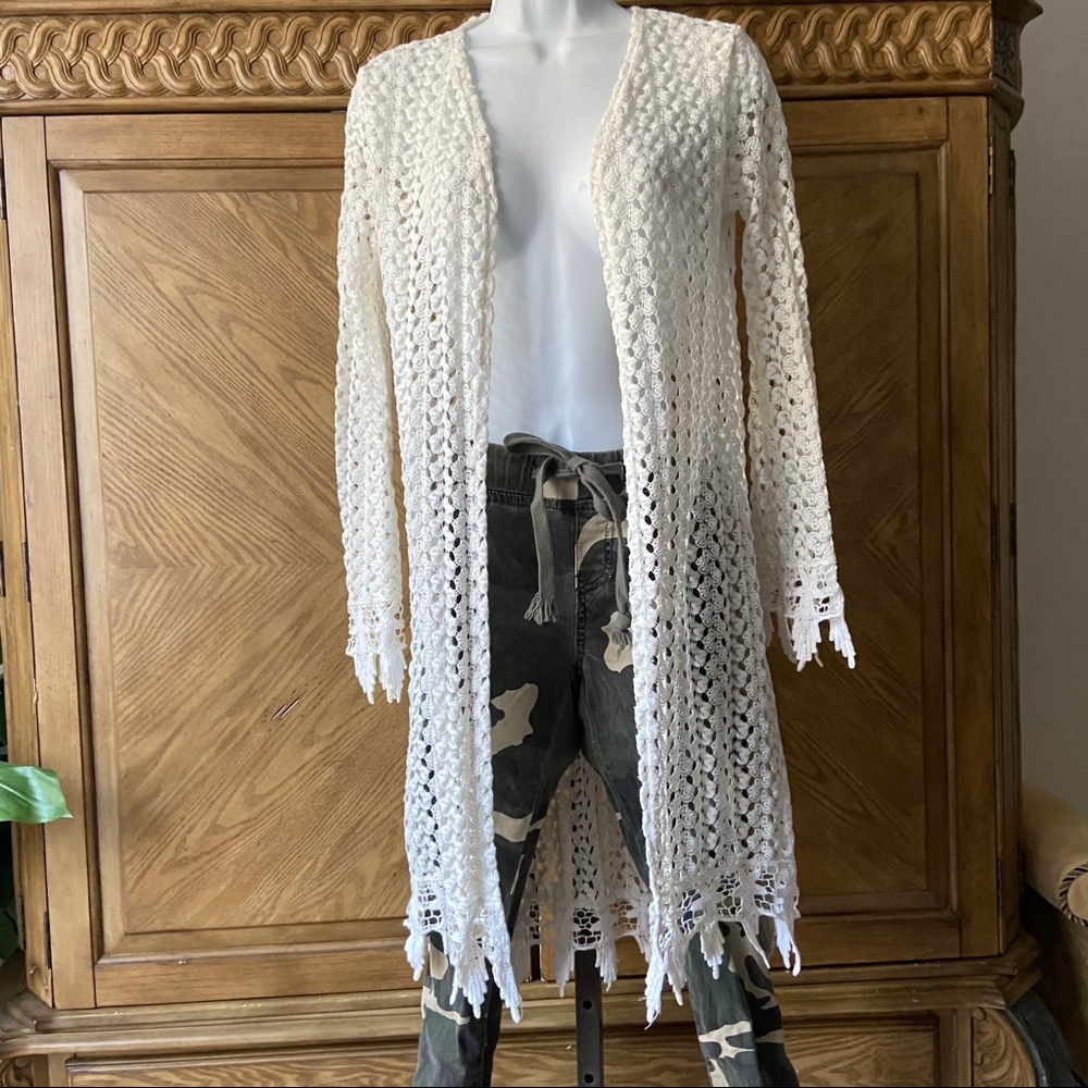 Blu Planet Cream Open Knit Fringe Cardigan Sweater